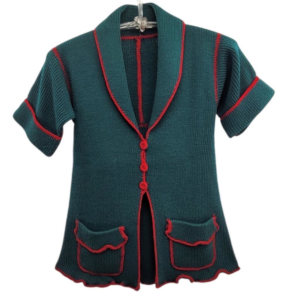 Handmade Green Knit Short Sleeve Cardigan Red Trim Vintage 70s 80s Shawl Collar
